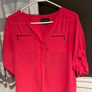 My Michelle XS: Hot pink sheer blouse, dark grey zippers, buttons on the side